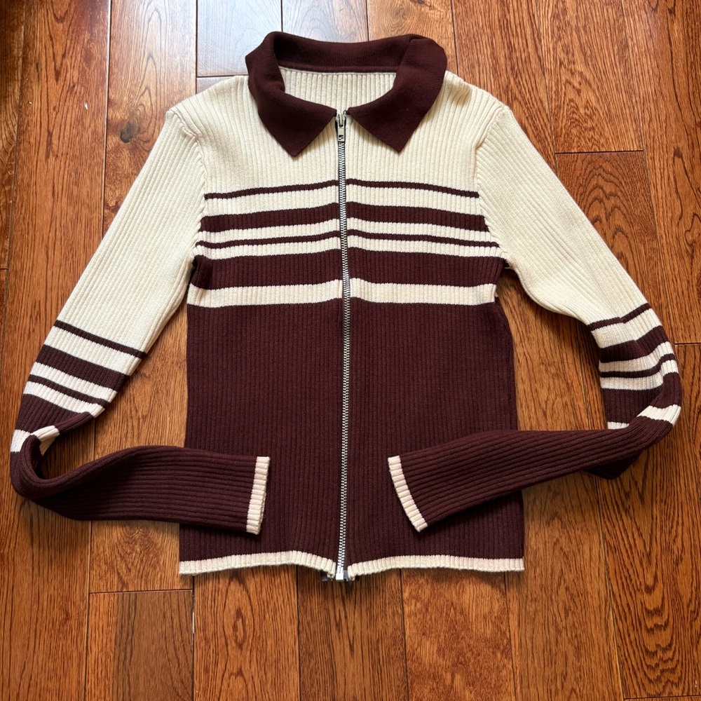 Zip-Up Ribbed Polo Cardigan in Cream & Deep Brown